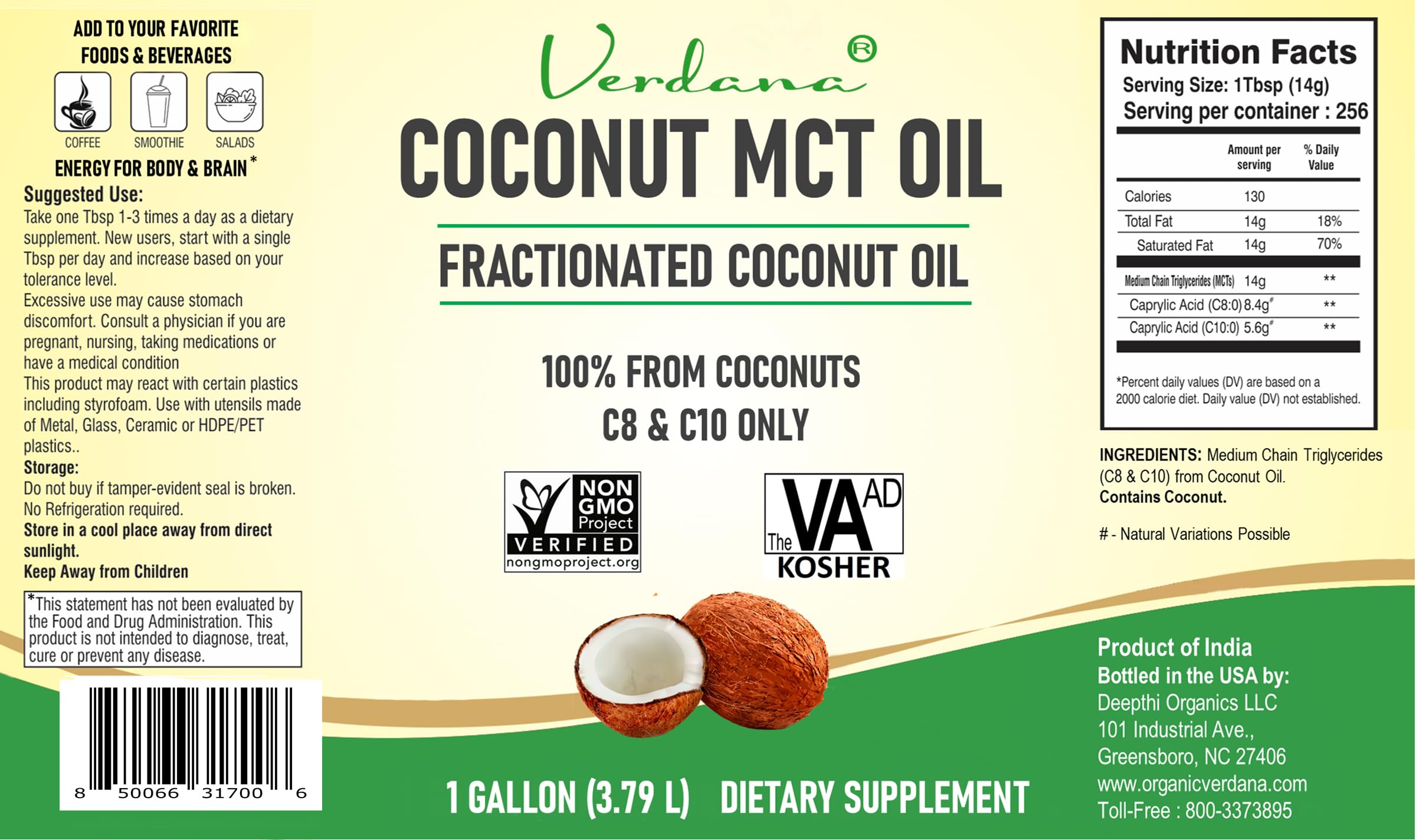 Verdana Coconut MCT Oil 1 Gallon back nutrition panel