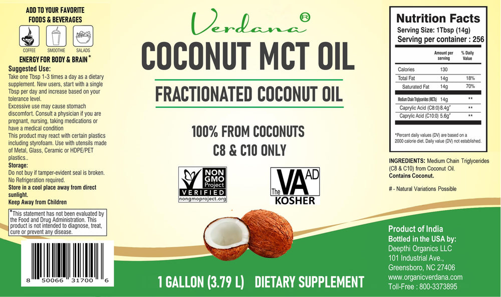 Verdana Coconut MCT Oil 1 Gallon back nutrition panel