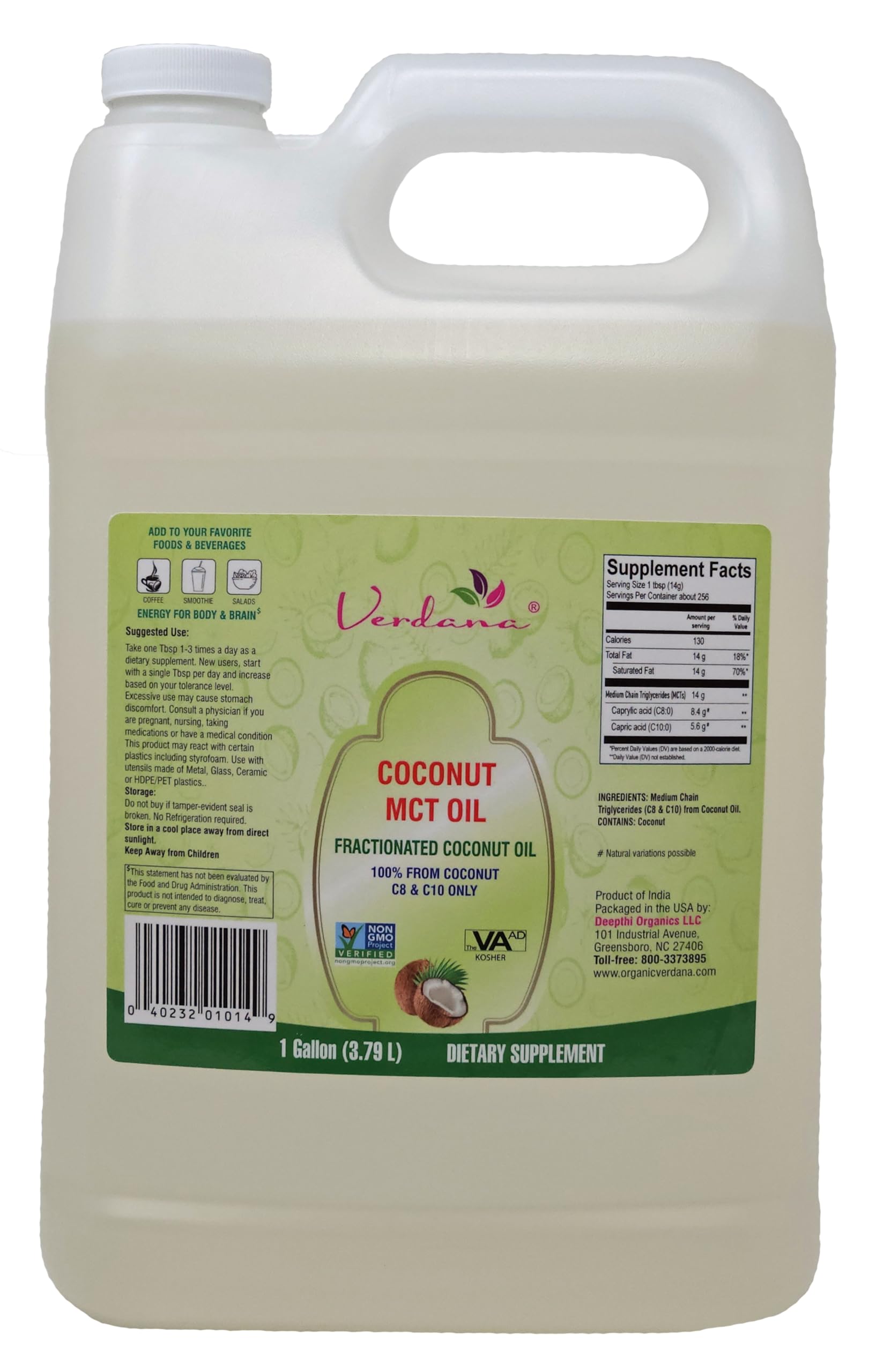 Verdana MCT Oil coconut-origin bottle, 1 gallon