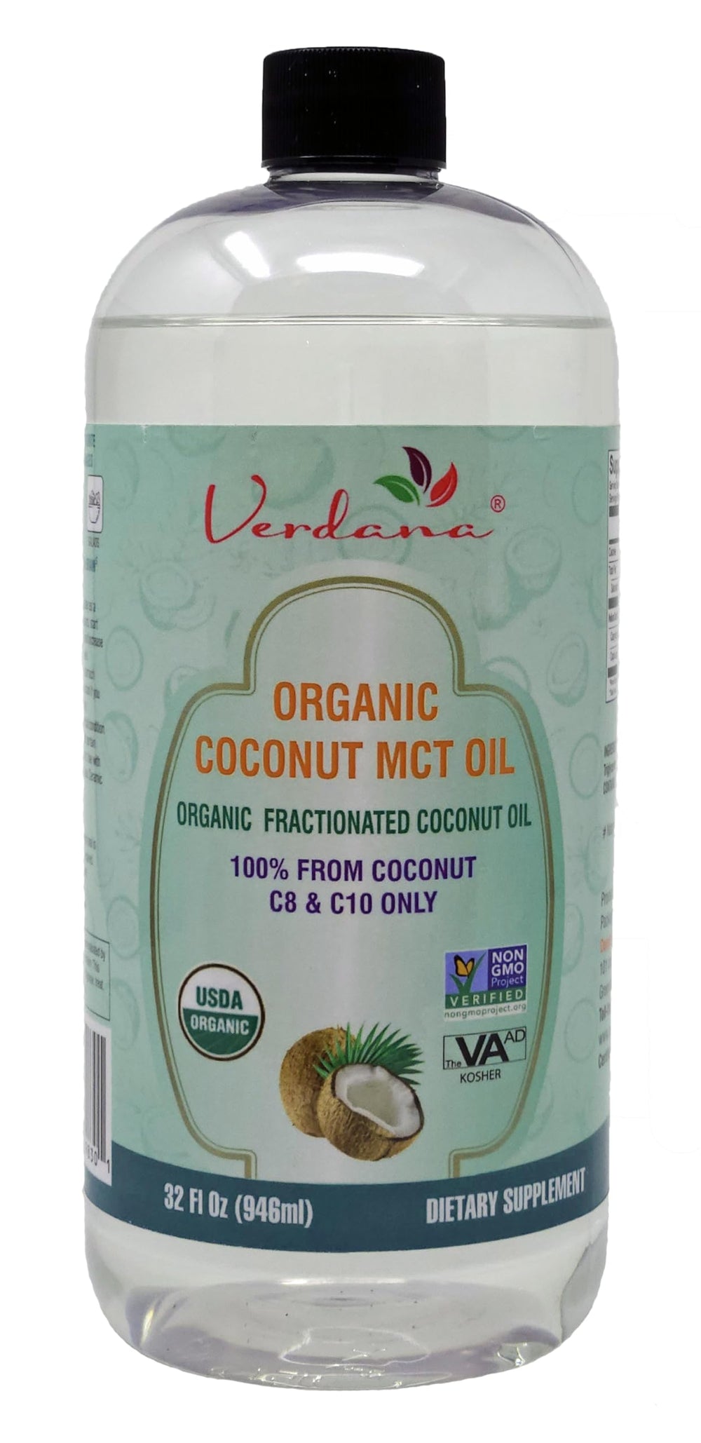 Verdana Organic MCT Oil 32 oz bottle made from coconuts, C8 and C10 triglycerides