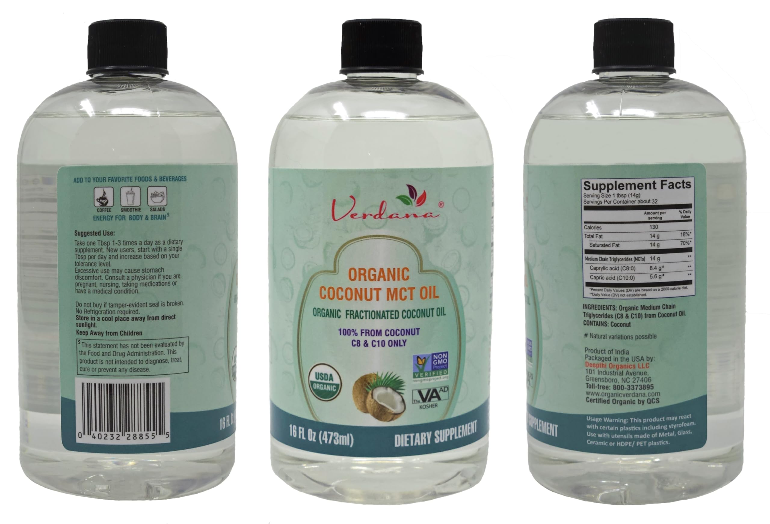 Pure coconut-derived MCT oil rich in C8 and C10