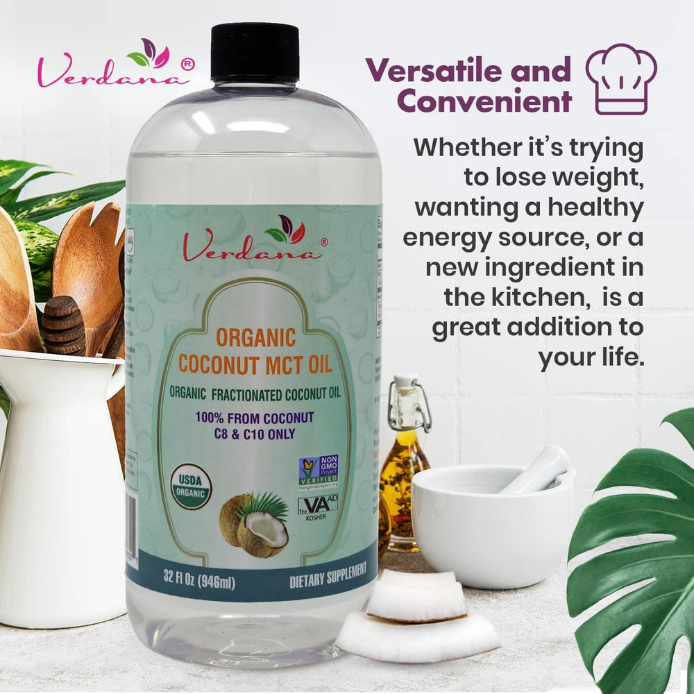 USDA Organic and Kosher certificates on Verdana MCT Oil bottle