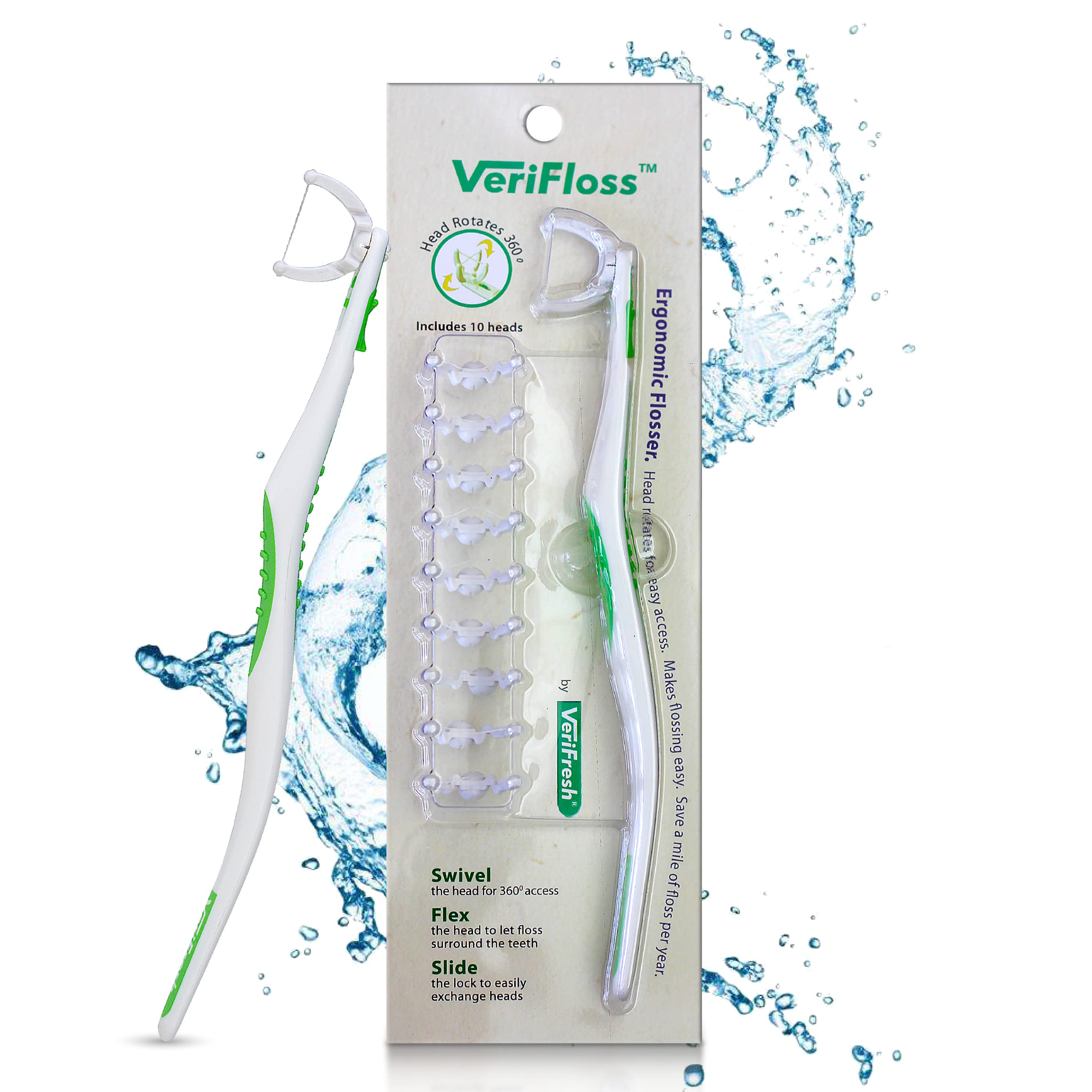 VeriFloss flosser with 360° swivel head and ergonomic handle