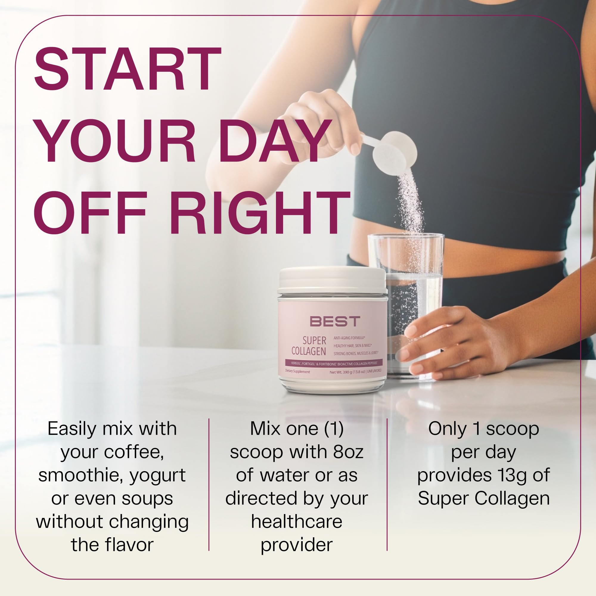 Unflavored collagen powder dissolving easily in water or beverage