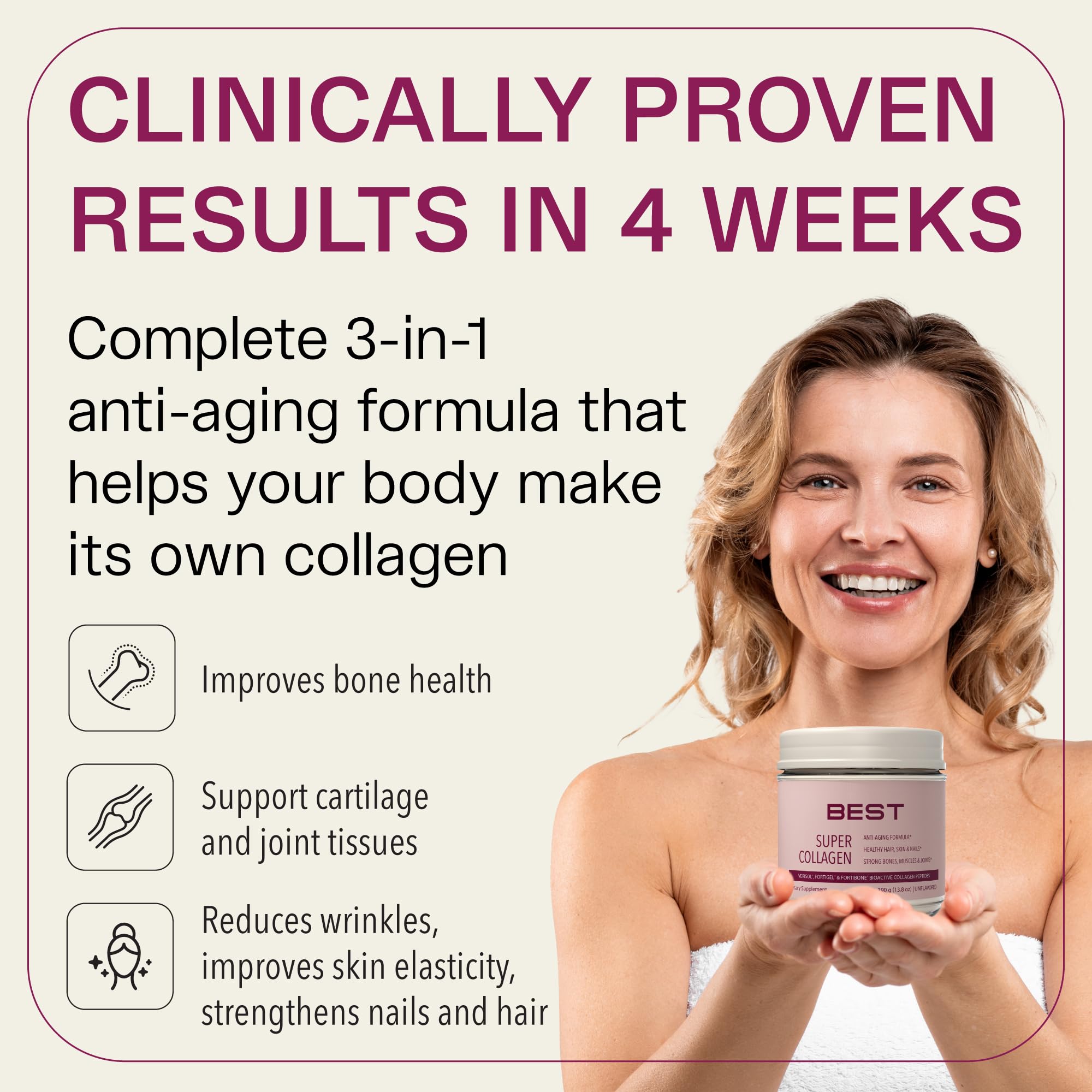 Graphic showing benefits for skin, bones, and joints from VERISOL