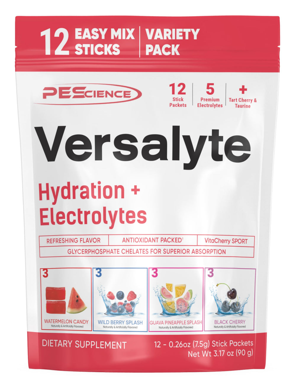 PEScience Versalyte packaging front shows a sugar-free hydration option for daily workouts.