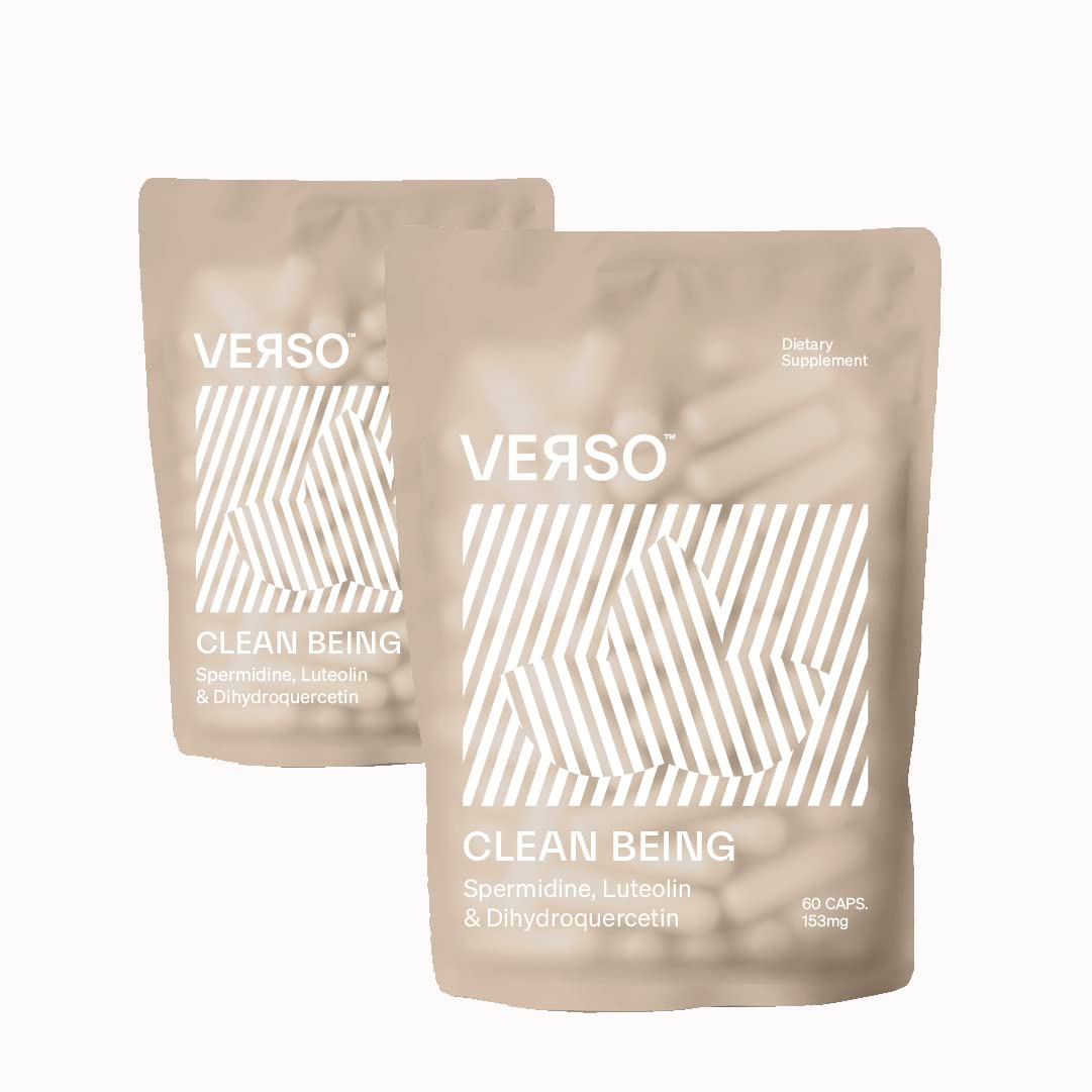 Bottle of Verso Clean Being spermidine dietary supplement capsules with label