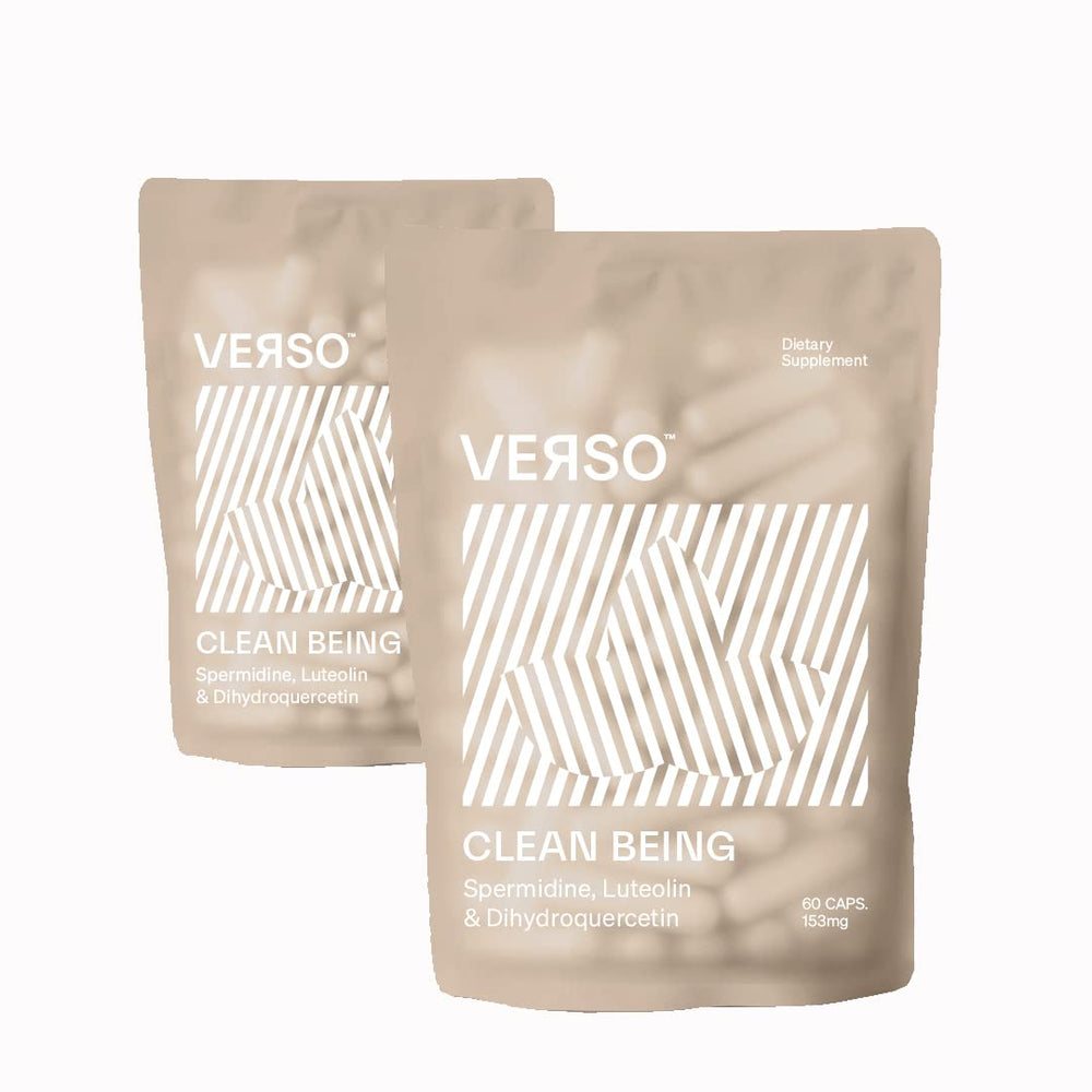Bottle of Verso Clean Being spermidine dietary supplement capsules with label