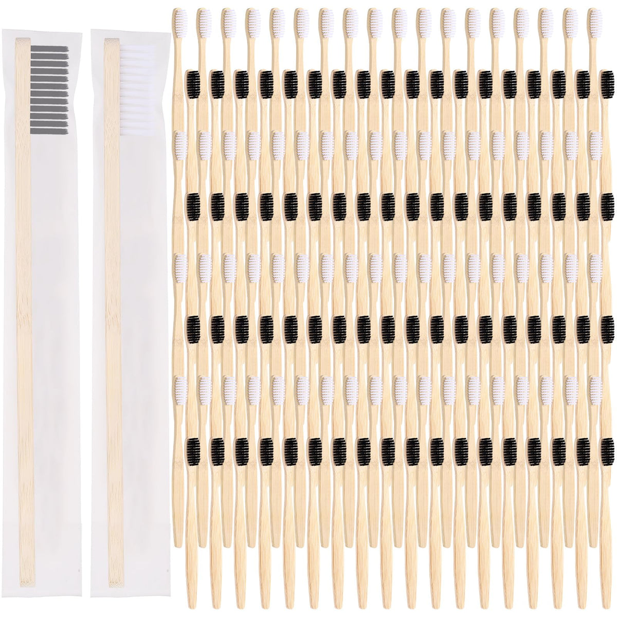 Vesici 100-piece bamboo toothbrushes set with black and white handles