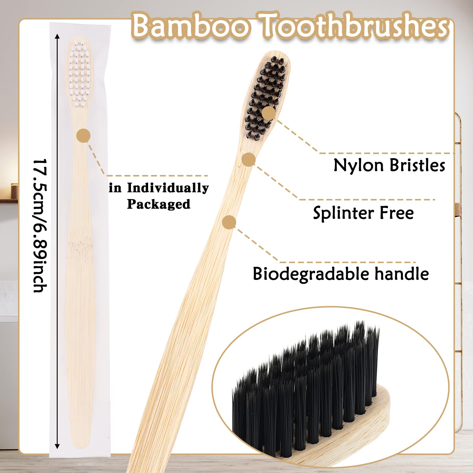 Close-up of soft bristles on a bamboo toothbrush