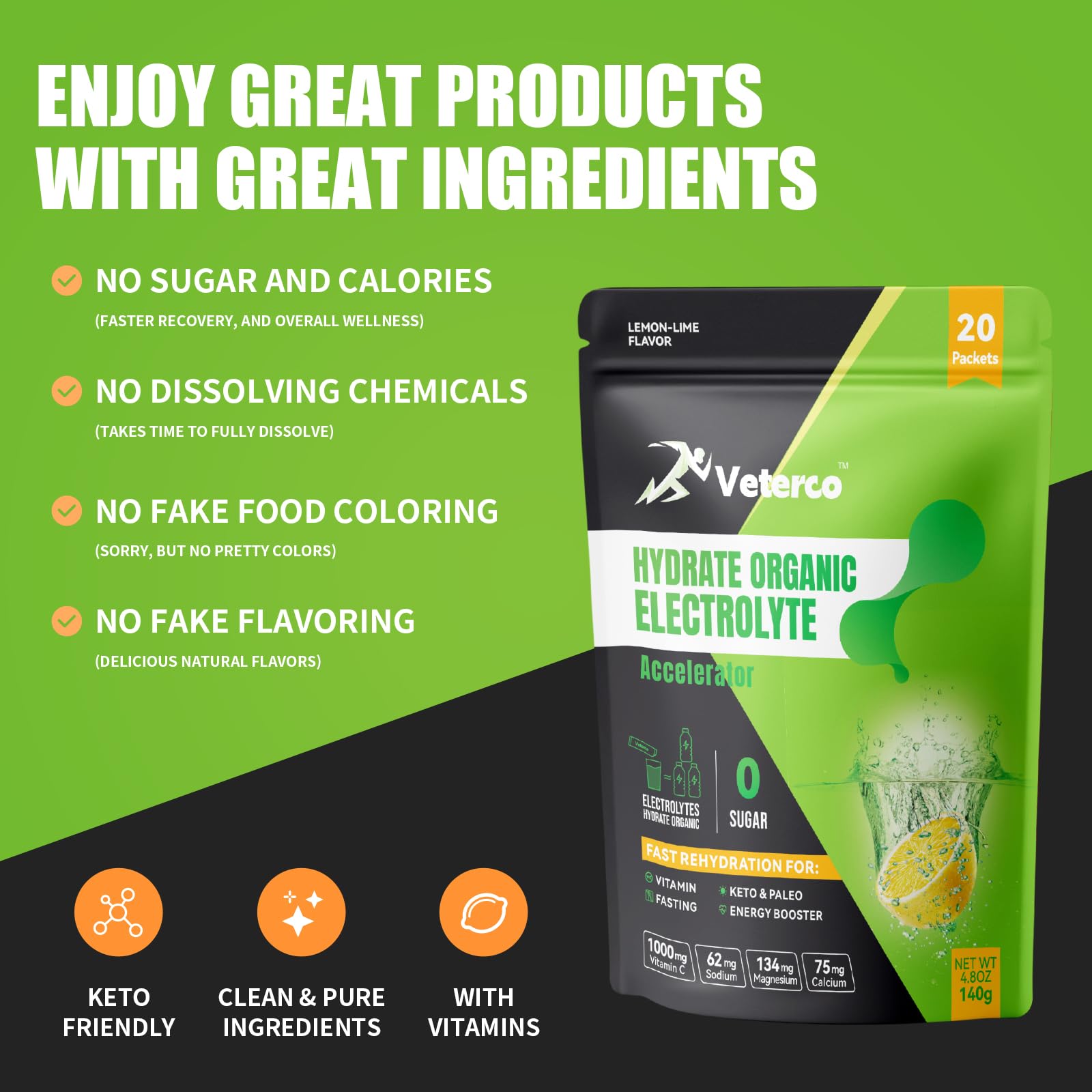 Veterco lemon-flavored electrolyte dissolving in water delivers refreshing drink