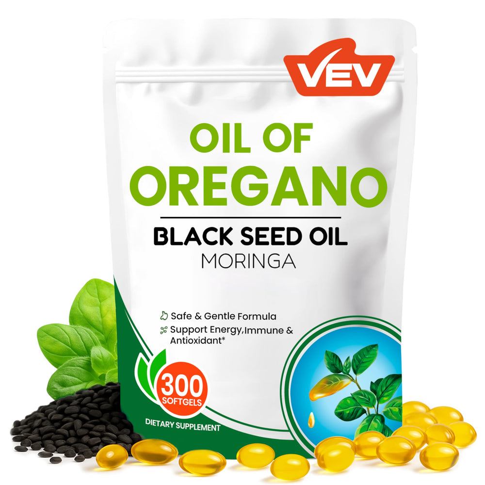 Front view of VEV 300mg Oil of Oregano with Black Seed Oil & Moringa softgels bottle