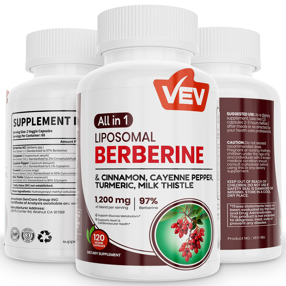 Bottle of VEV Berberine 120 capsules