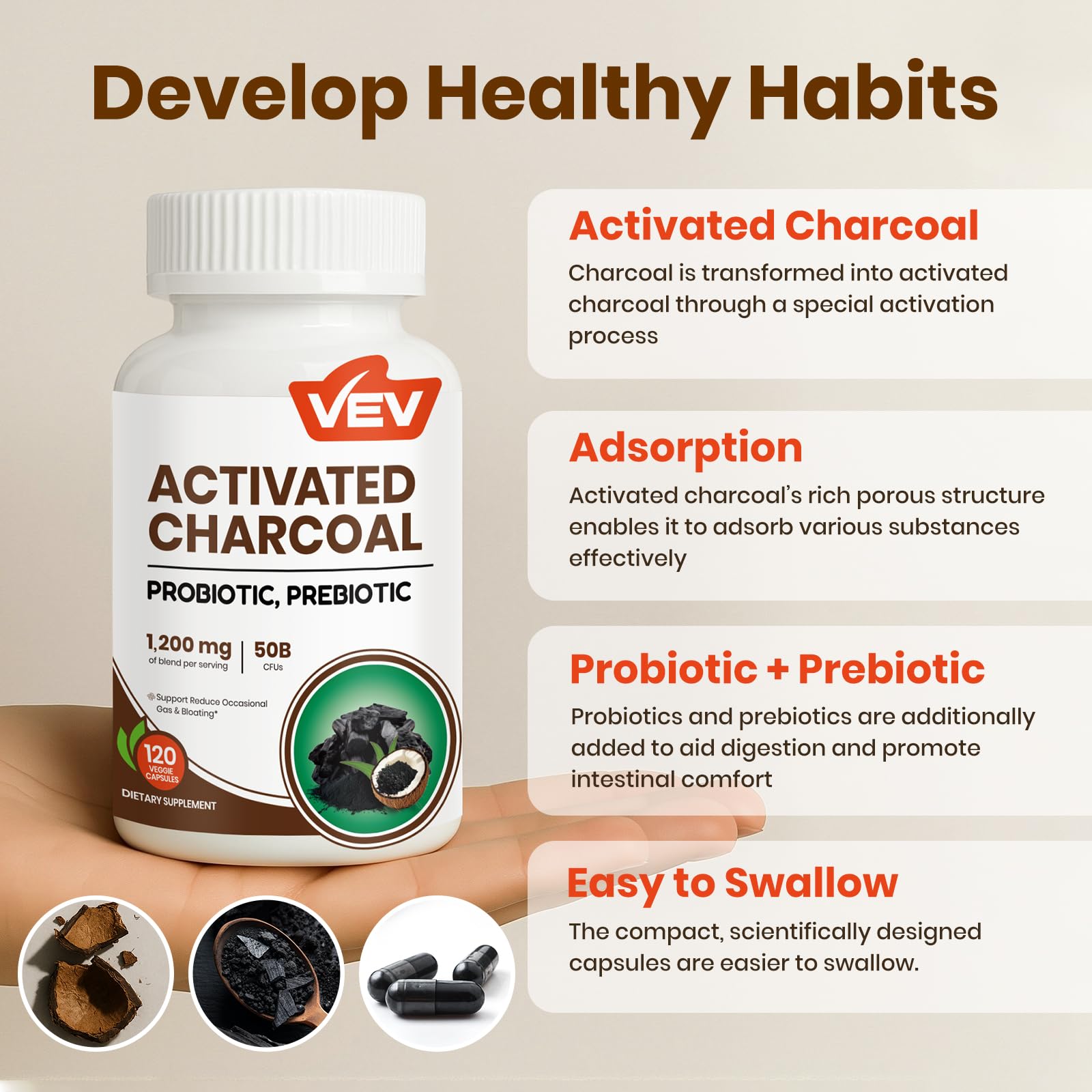 Close-up of vegan capsules containing activated charcoal and probiotics
