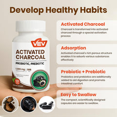 Close-up of vegan capsules containing activated charcoal and probiotics