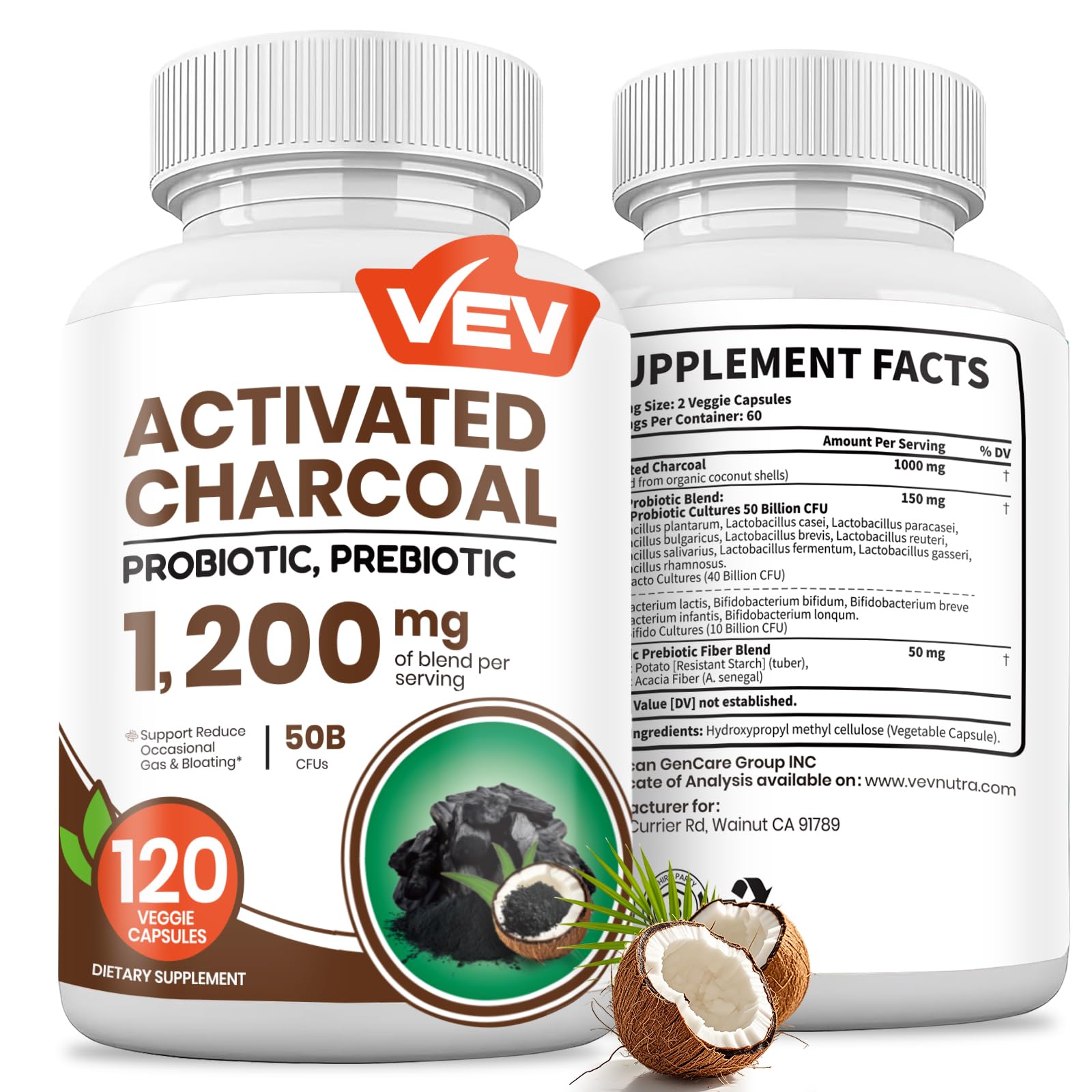 Front view of VEV Activated Charcoal + Probiotics bottle