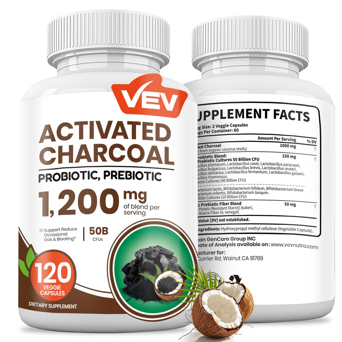 Front view of VEV Activated Charcoal + Probiotics bottle