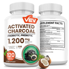 Front view of VEV Activated Charcoal + Probiotics bottle