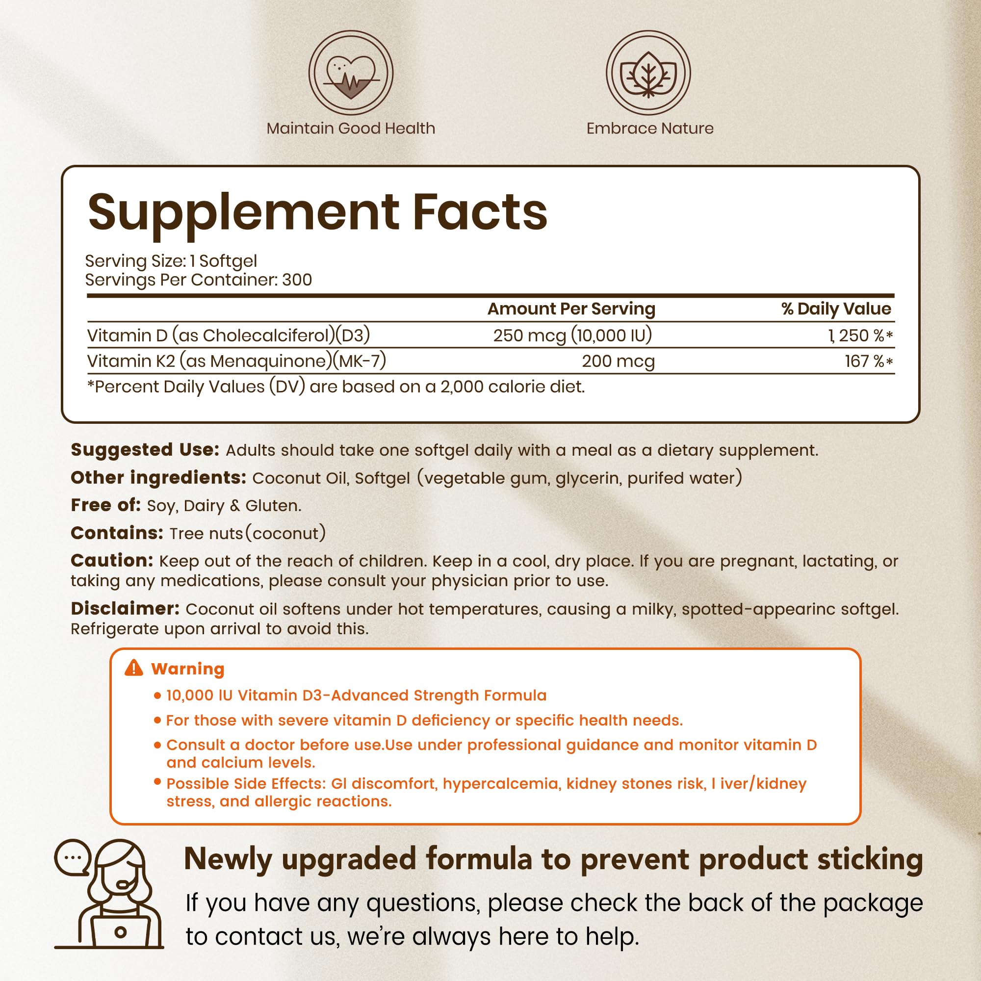 Bottle of VEV Corefeel D3 K2 10,000 IU 300 softgels