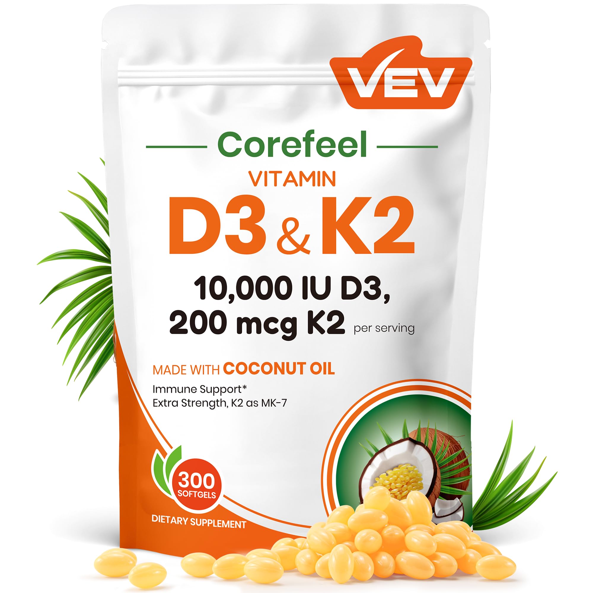 Front view of VEV Corefeel Vitamin D3 K2 10,000 IU with MK-7 bottle