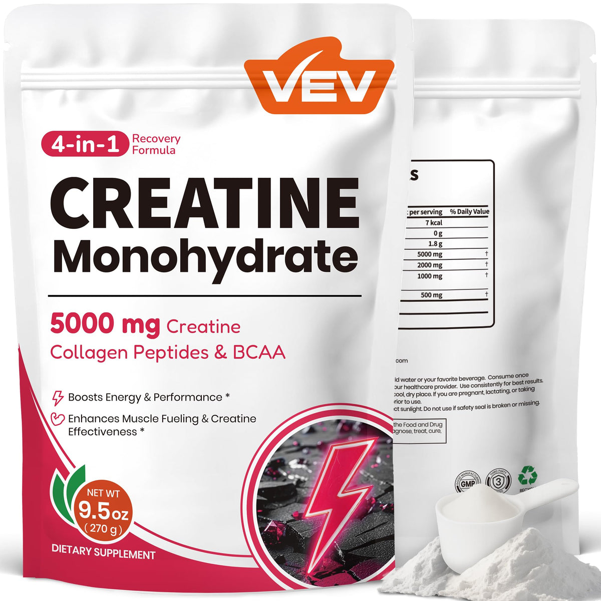Bottle of VEV Creatine Monohydrate for Women with 5000 mg per serving