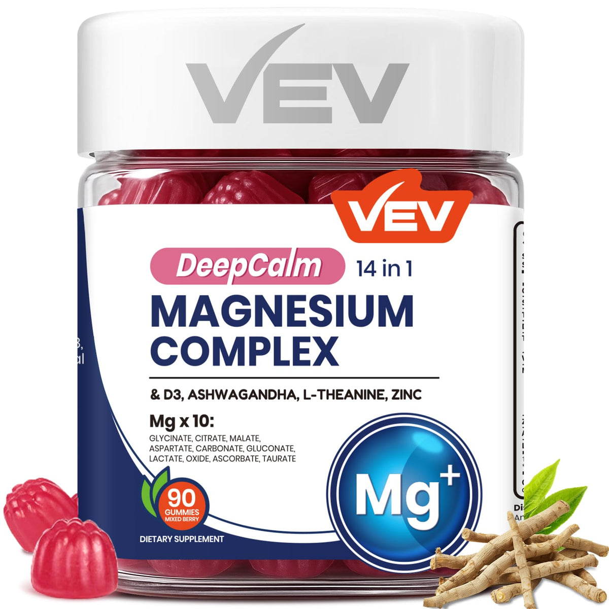 Bottle of VEV Magnesium Complex DeepCalm 14-in-1 Gummies