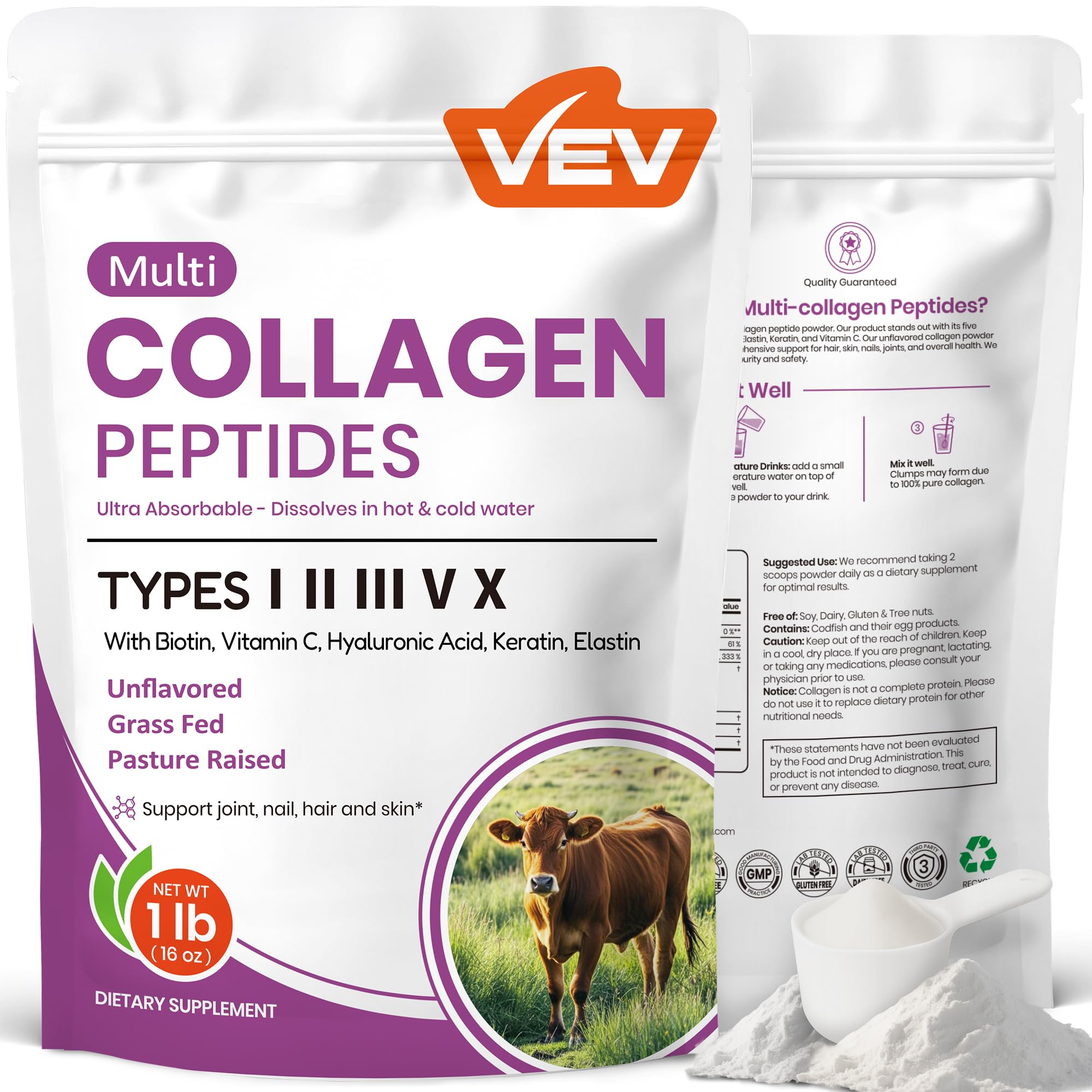 Front view of VEV Multi Collagen Peptides Powder 16 oz