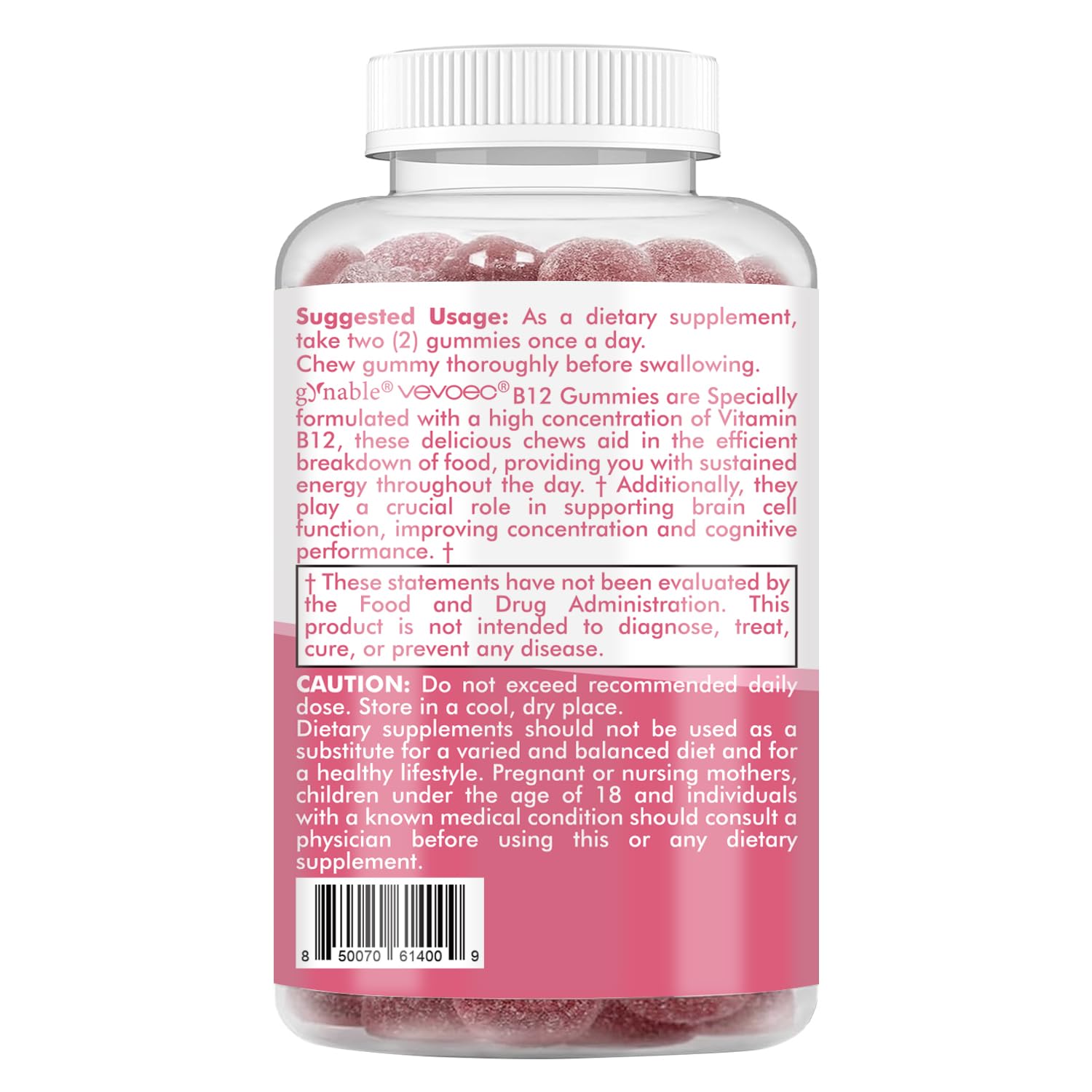 Packaging highlight for vegan gelatin-free gluten-free B12 gummies