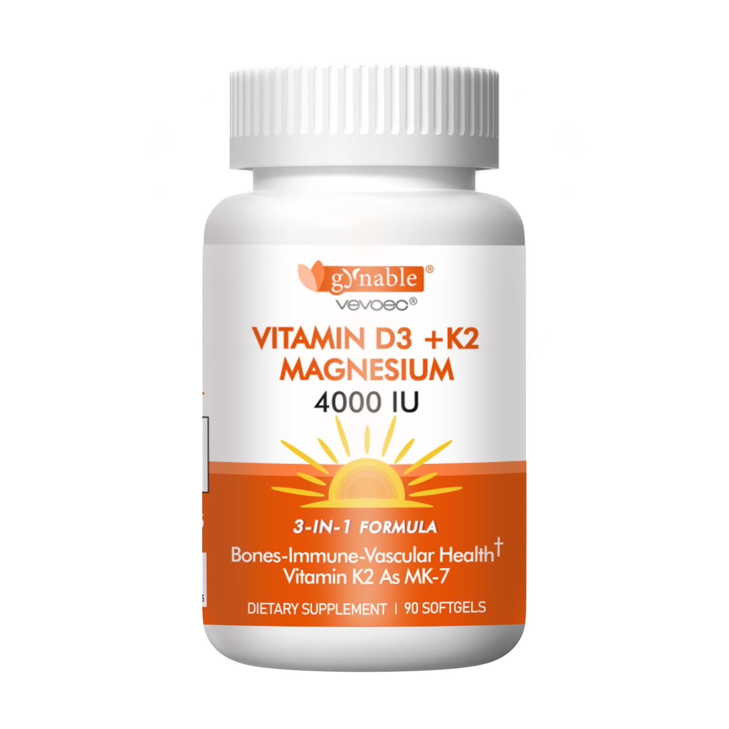 Vevoec Vitamin D3 K2 Magnesium Complex bottle with 90 softgels