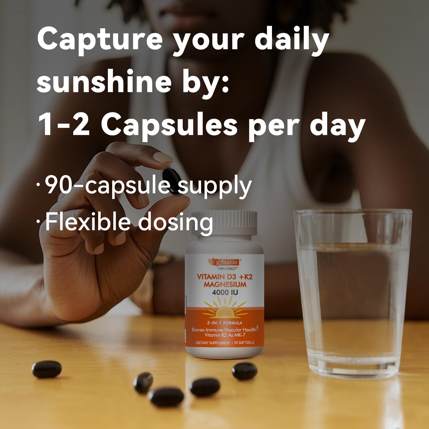 Gluten-free, sugar-free, dairy-free labeling on Vevoec D3 K2 Magnesium Complex