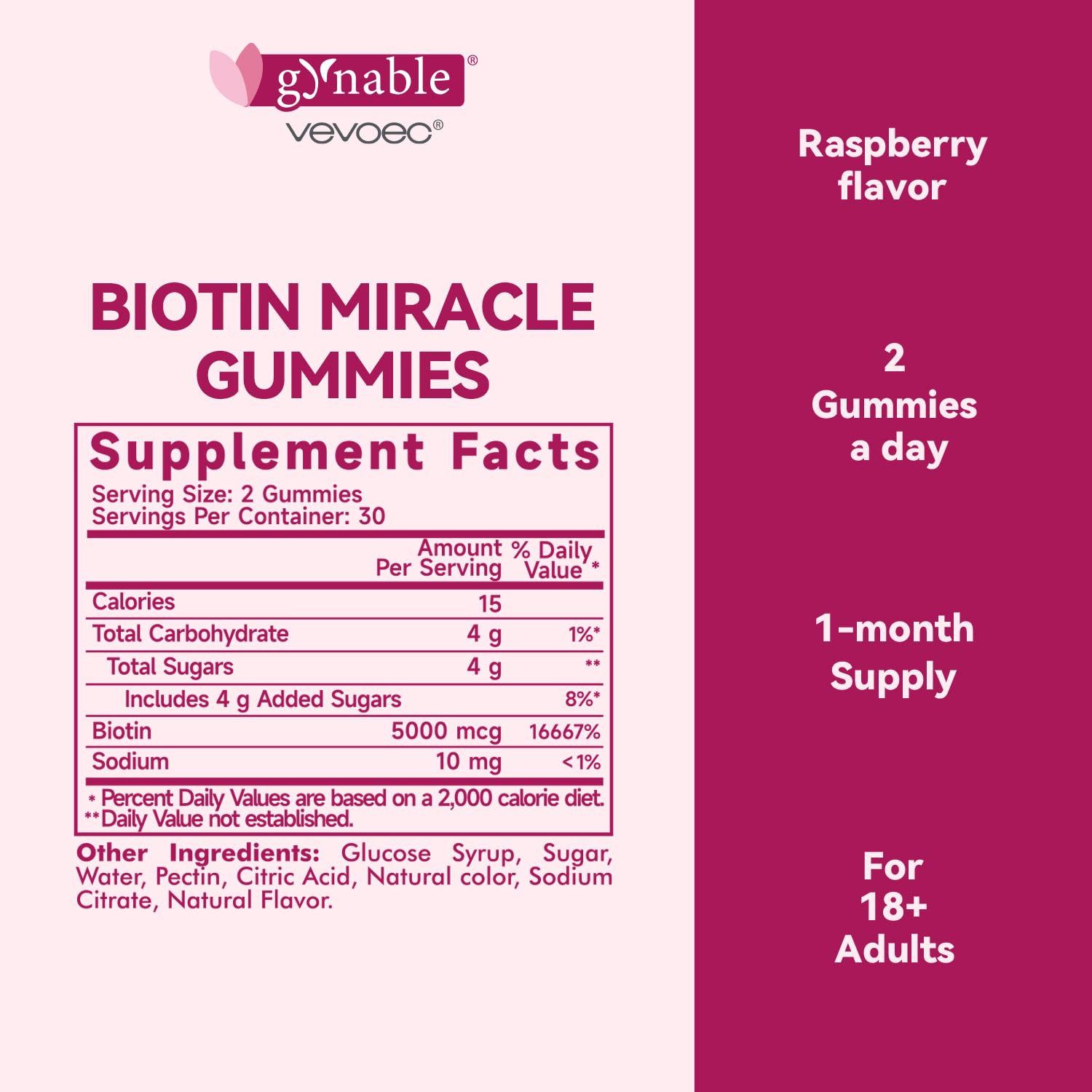 Product label showing Biotin 5000 mcg per gummy