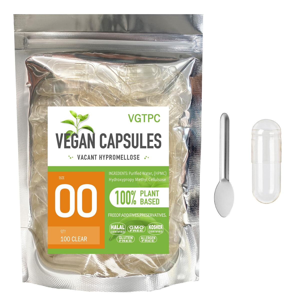 VGTPC Size 00 vegan empty capsules in 100-count package