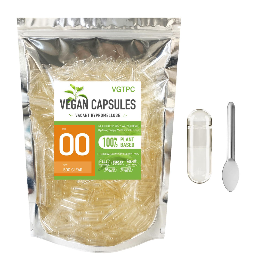 Front view of VGTPC Veggie Capsules Size 00 Clear Vegan 500 Count