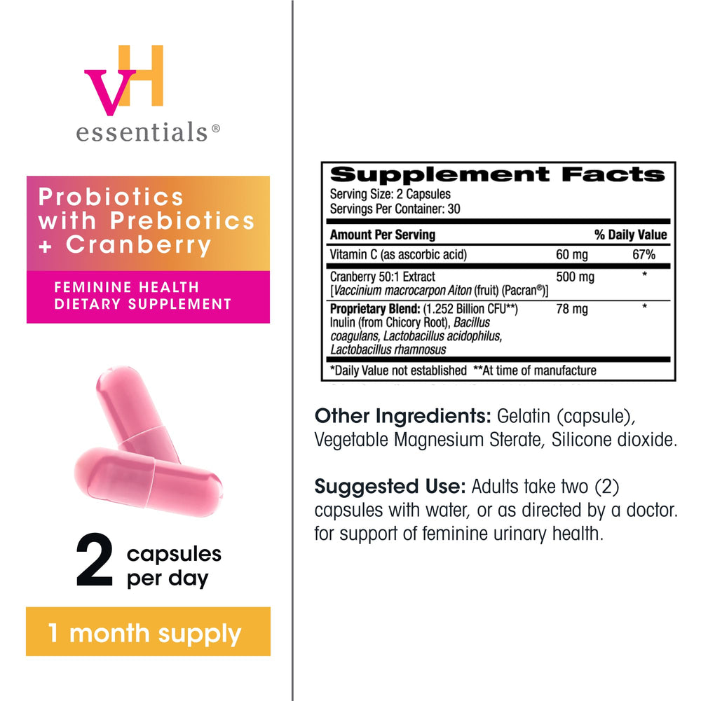 vh essentials probiotics for women ingredients label closeup lists LactoSpore prebiotics and cranberry.