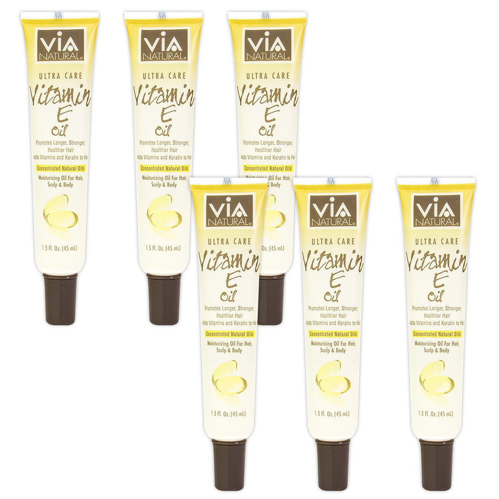 Close-up of Via Natural Ultra Care Oil Vitamin E bottle (1.5oz) highlighting antioxidant formula