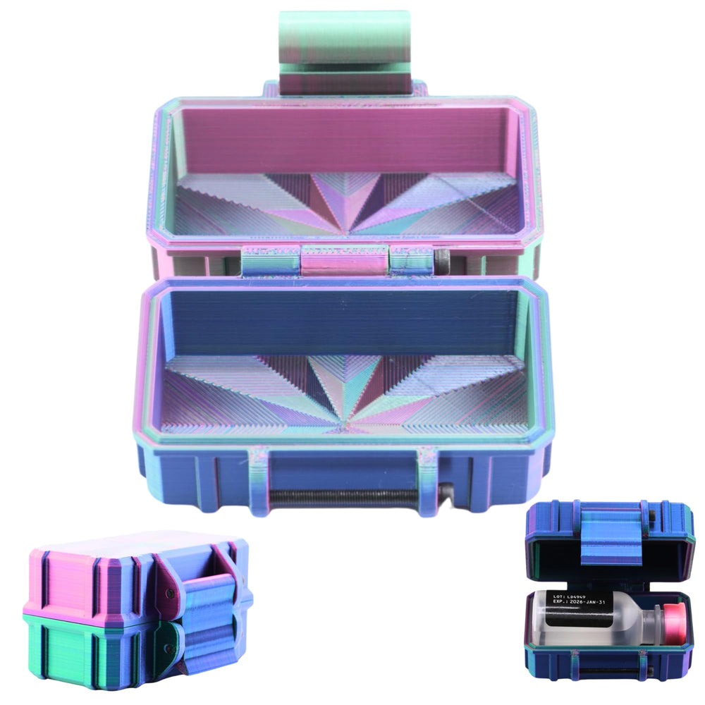 Vial Guard storage hard case in metallic finish with 3ml–30ml vial compartments and secure closure.