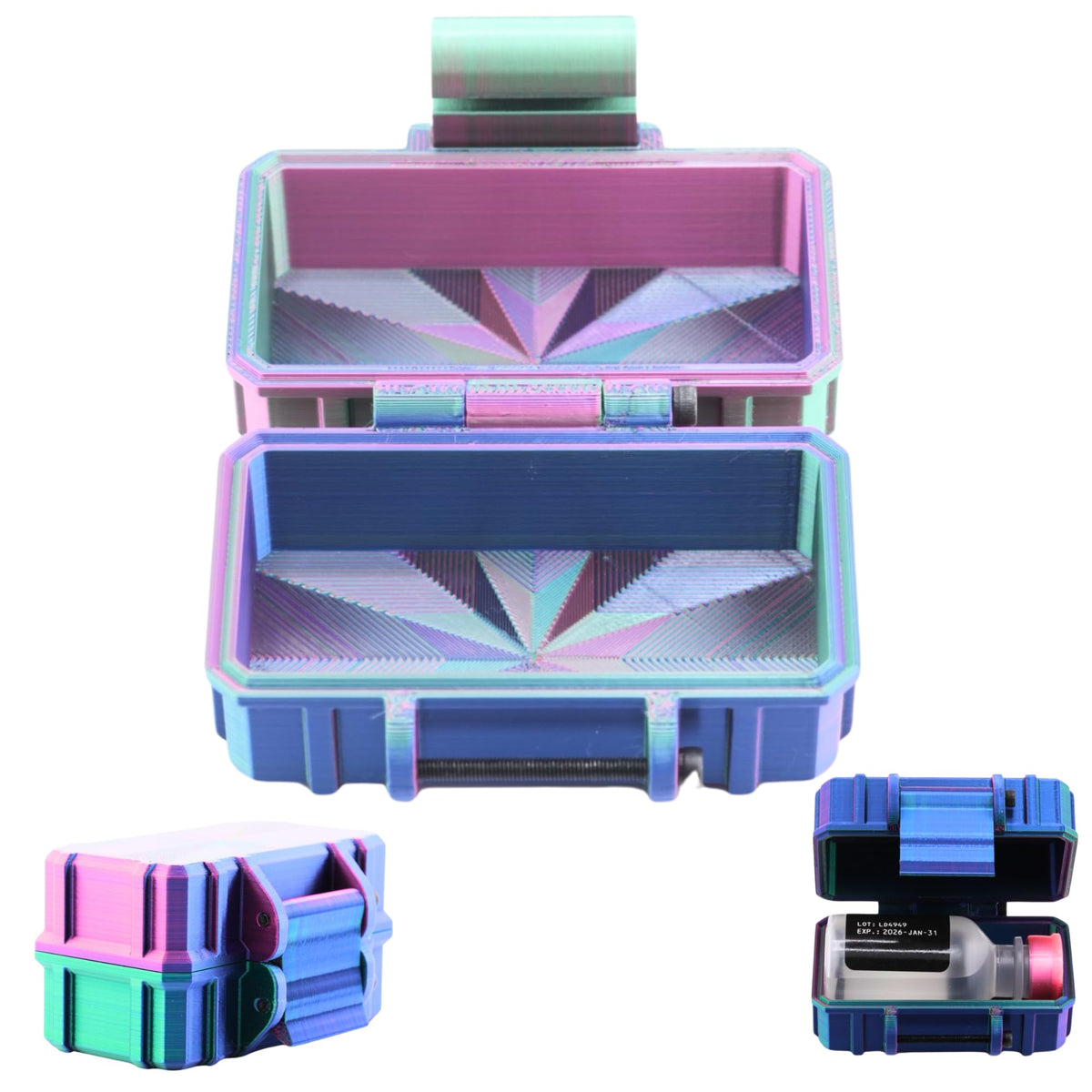 Vial Guard storage hard case in metallic finish with 3ml–30ml vial compartments and secure closure.