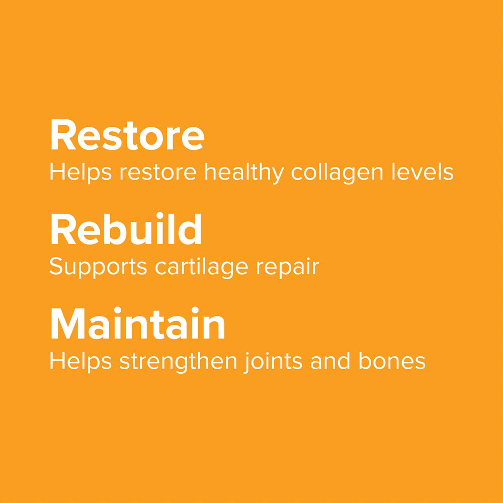 Ingredient highlights graphic featuring hydrolyzed collagen and glucosamine.