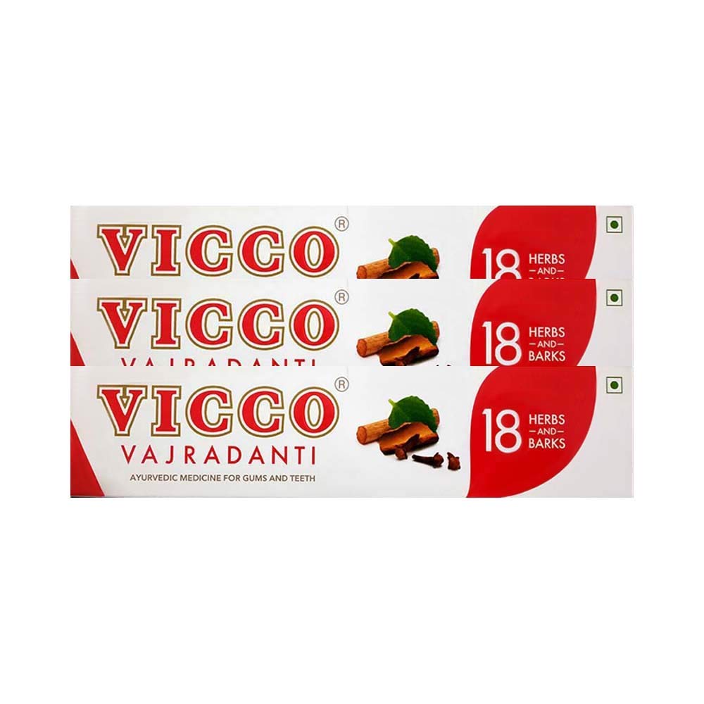Close-up of Vicco Vajradanti Ayurvedic Toothpaste 200g tubes in Pack of 3