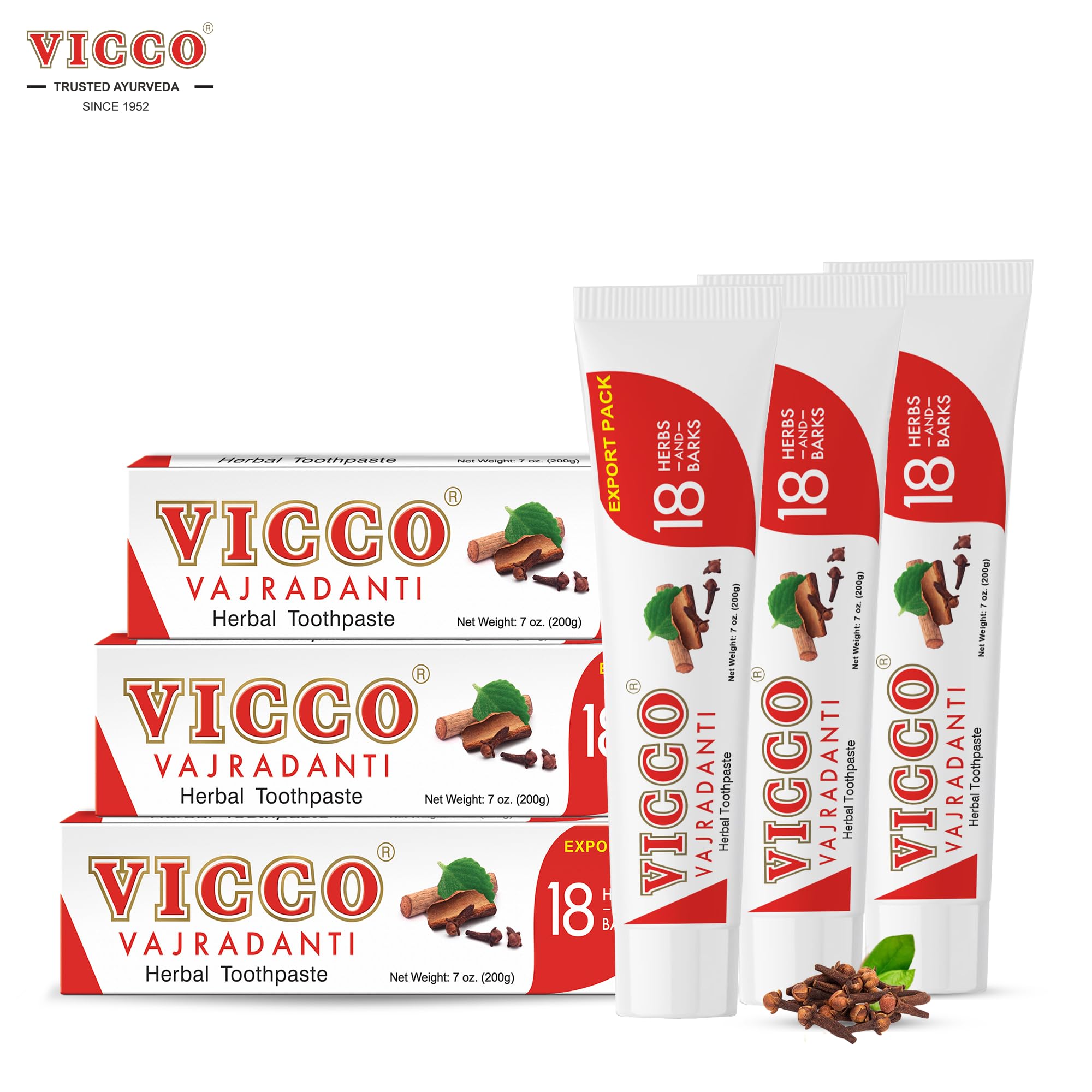 Close-up of Vicco Vajradanti toothpaste showing 18 Ayurvedic herbs