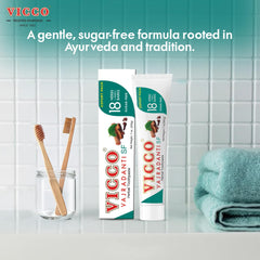 Close-up of herbal ingredients on Vajradanti toothpaste label