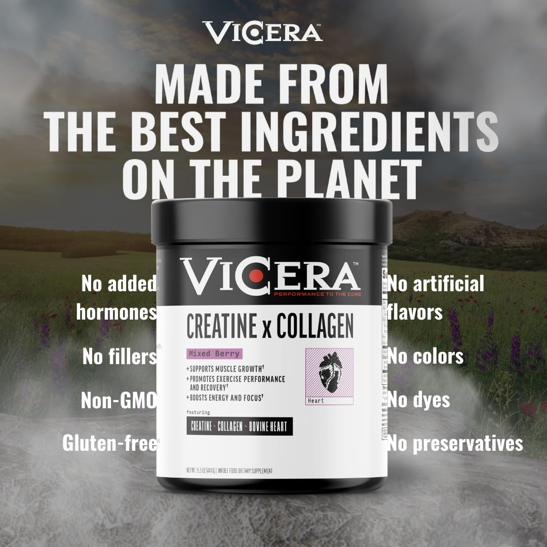 Close-up of VICERA Creatine + Collagen Berry label