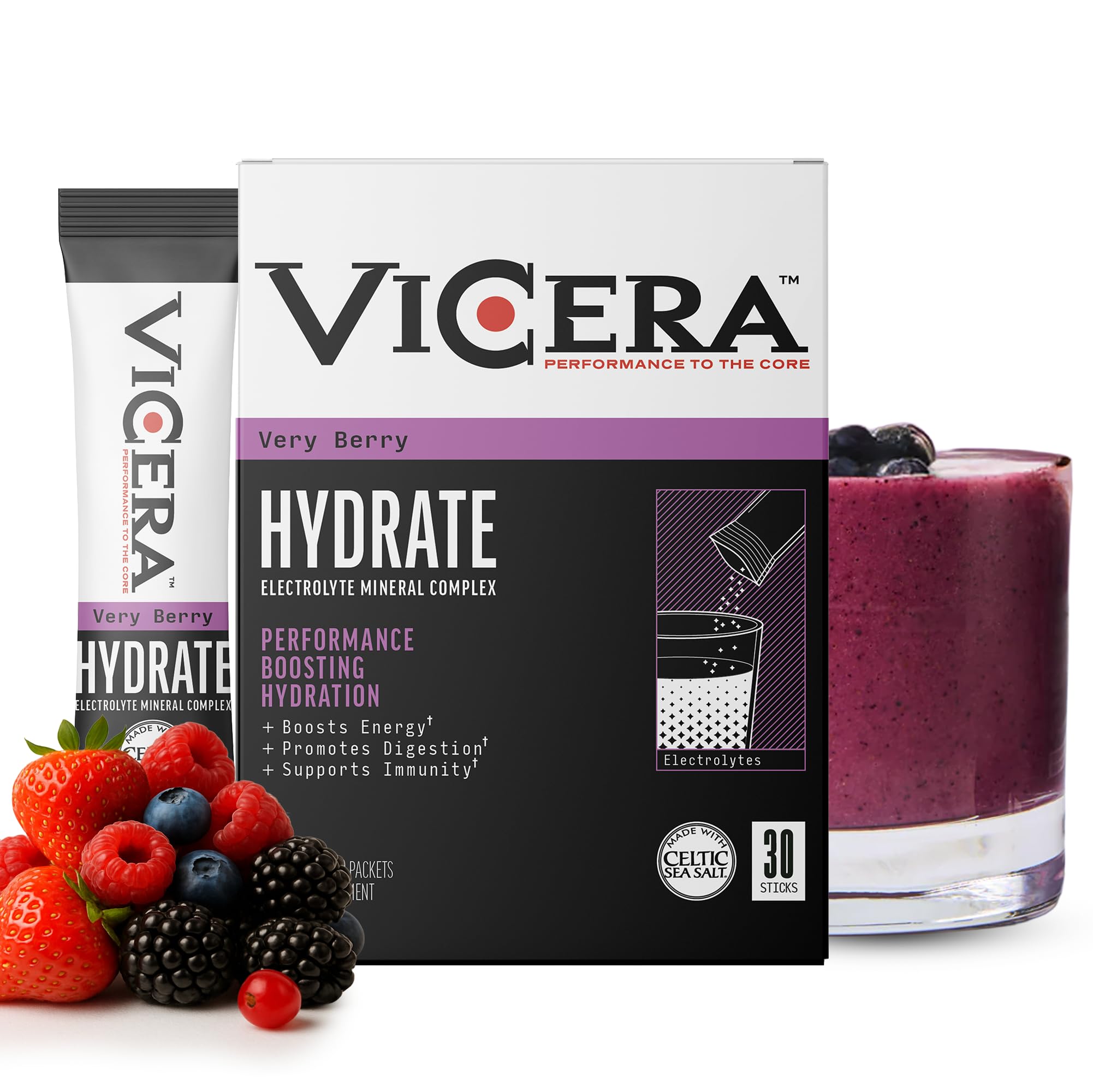 VICERA Electrolyte Powder Very Berry packet open for on-the-go hydration.