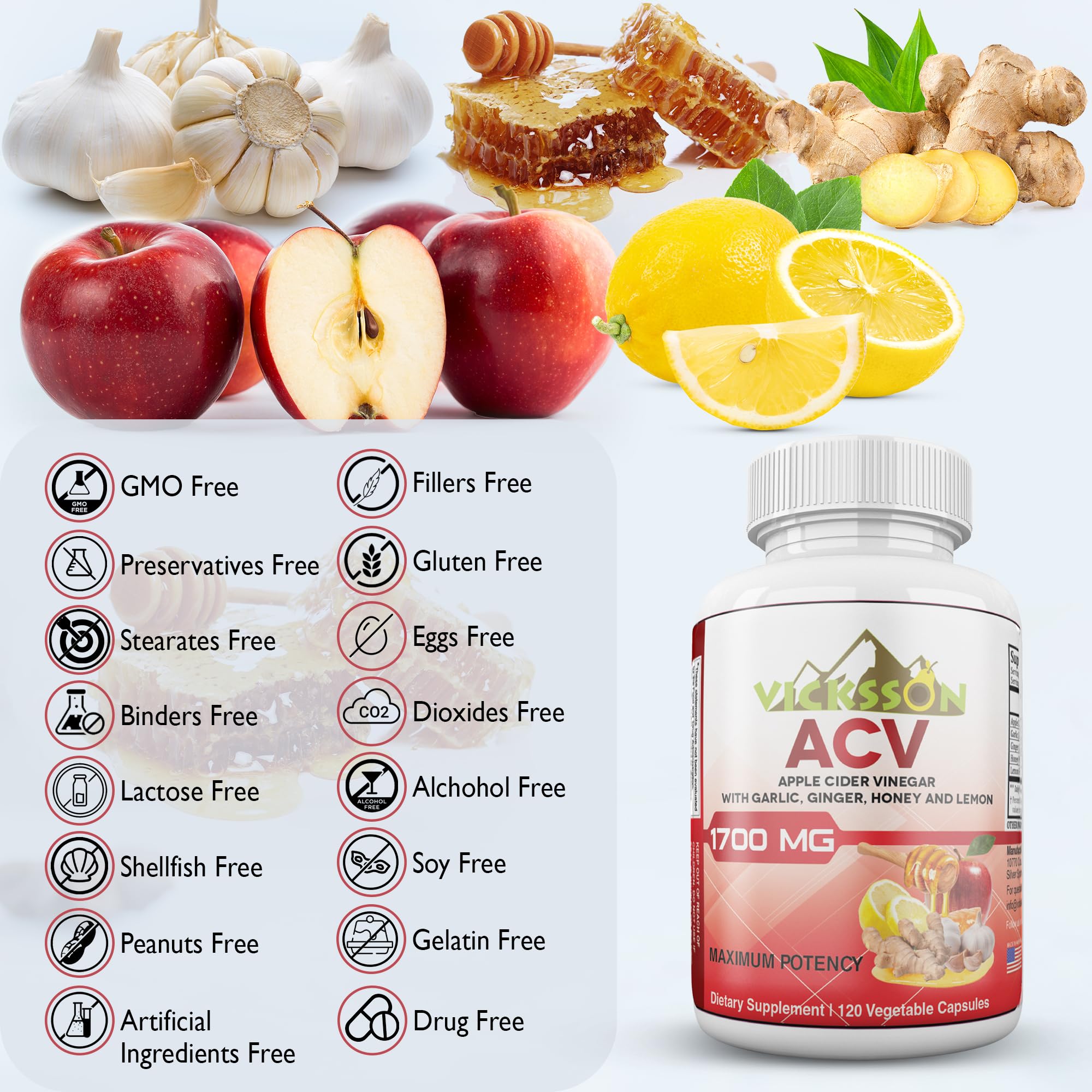 Detail of product label highlighting 1700 mg ACV