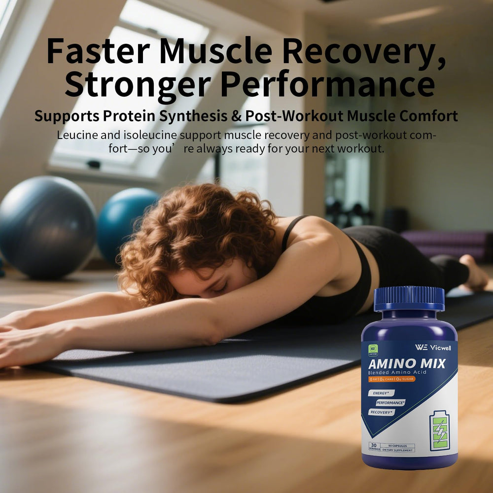 Vicwell Amino Acid serving capsules next to a measuring spoon