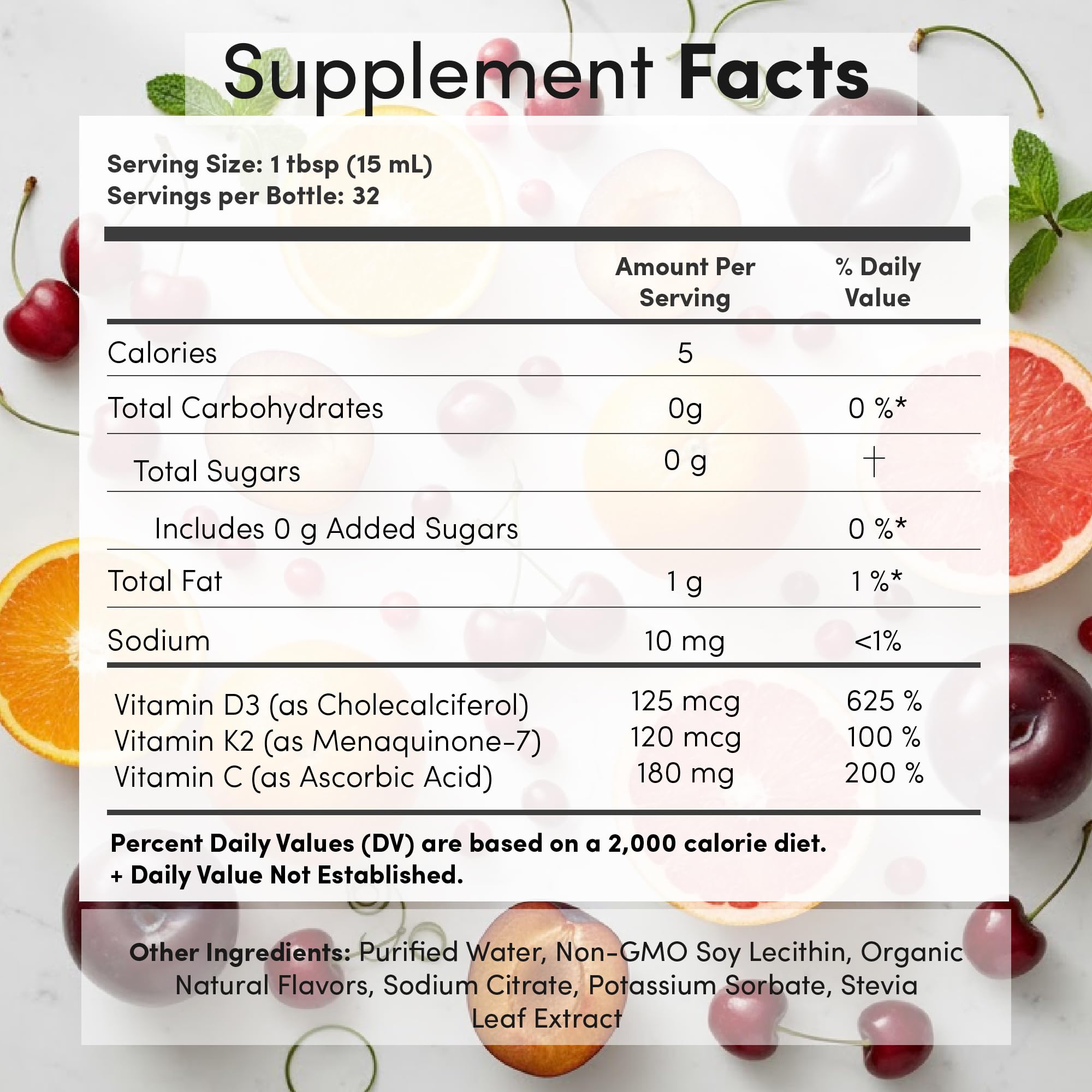 Close-up of liposomal D3/K2+ with Vitamin C bottle label