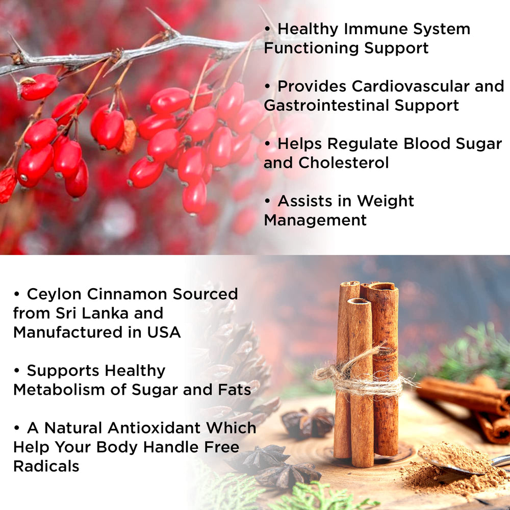 Infographic showing 1200mg Berberine and 200mg Cinnamon benefits