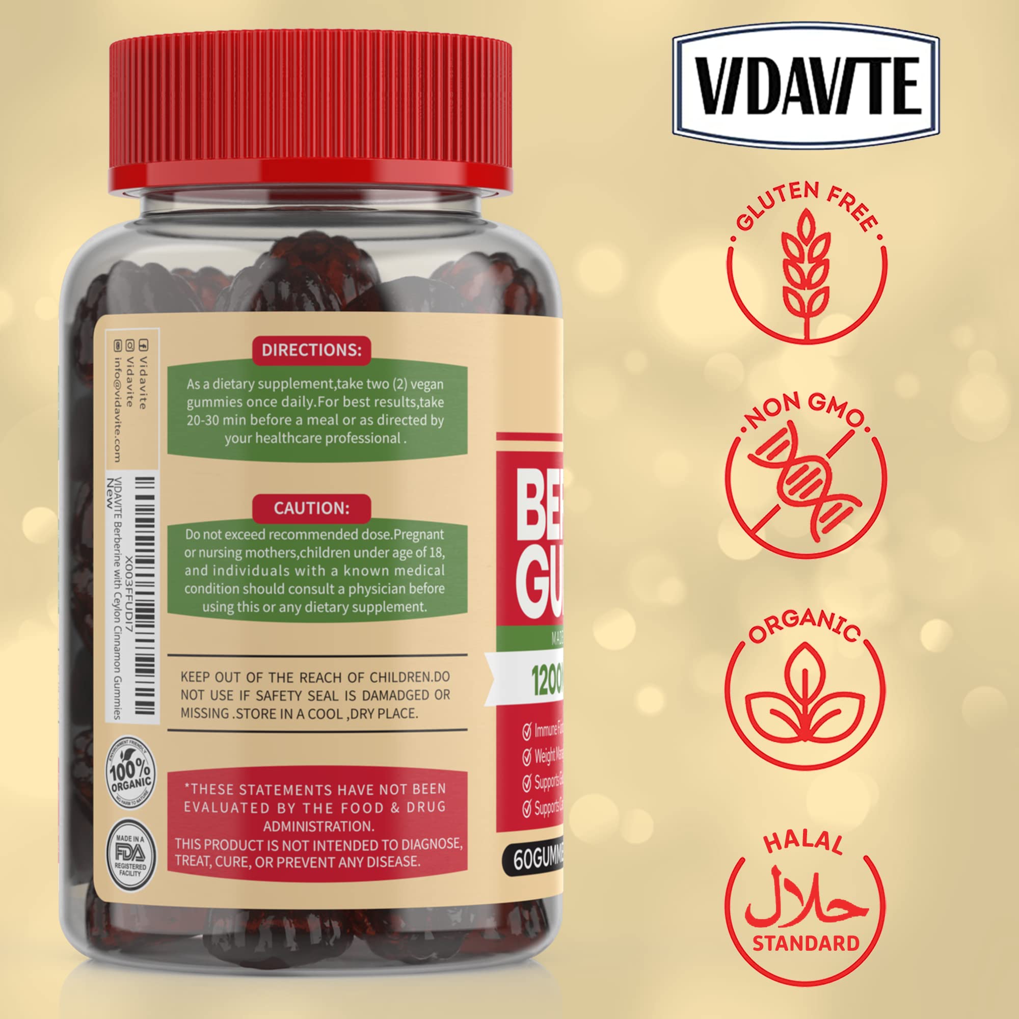 Label of VIDAVITE Berberine with Ceylon Cinnamon gummies
