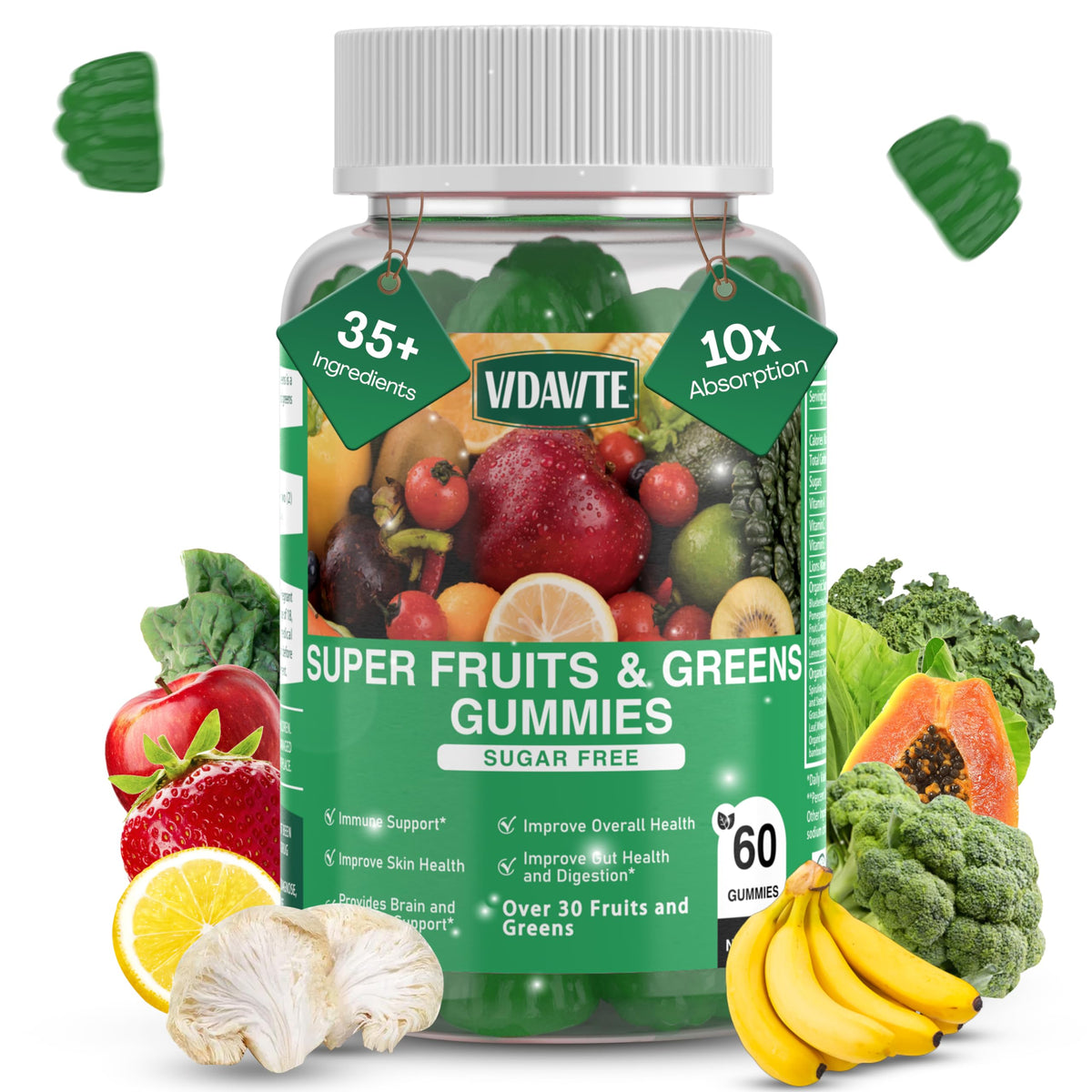 Front view of VIDAVITE Sugar-free Super Greens Gummies bottle
