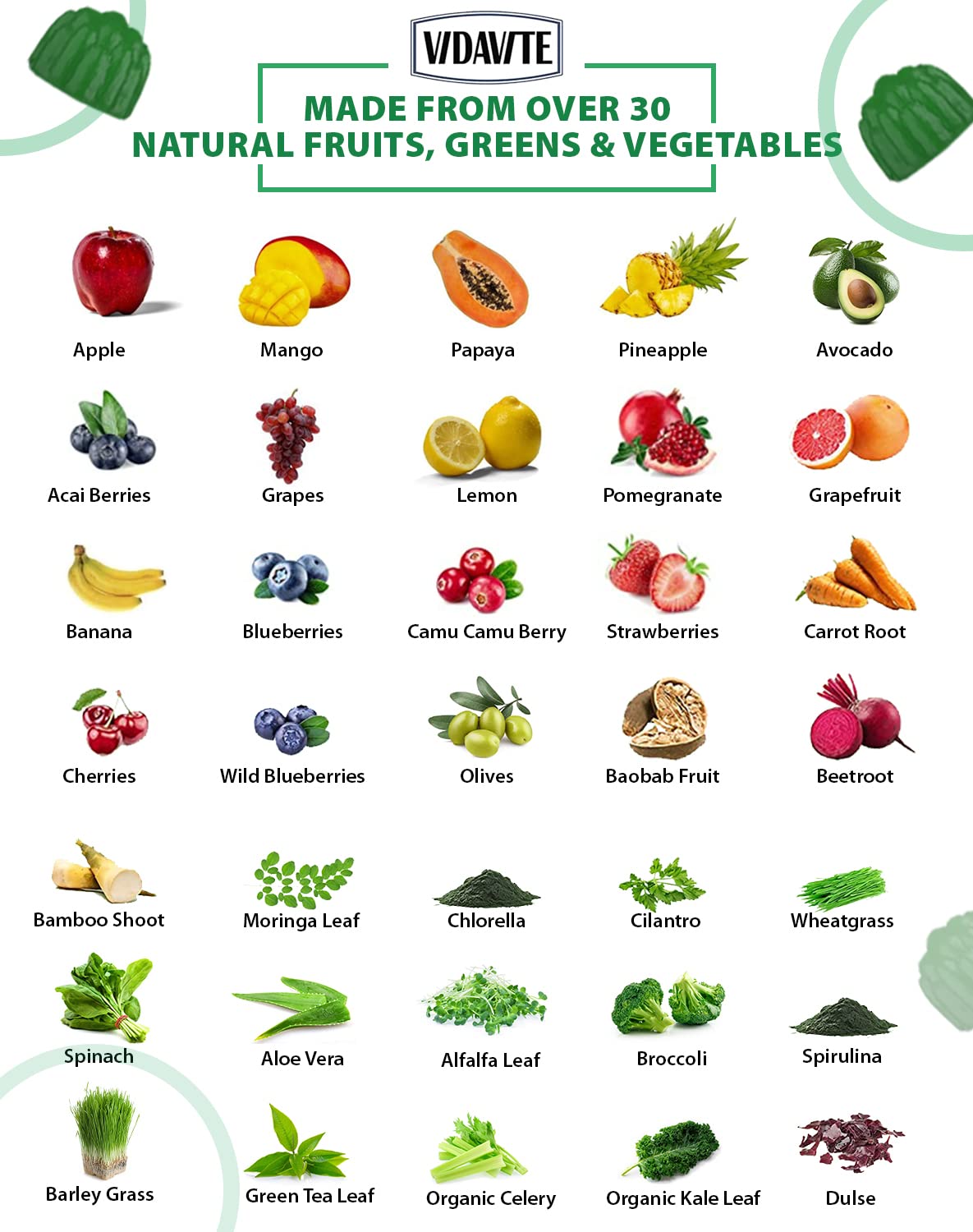 Nutrition panel highlighting 35+ fruits and vegetables